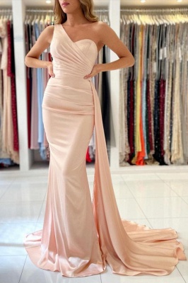 Elegant One Shoulder Nude Pink Zipper Mermaid Prom Dresses_1