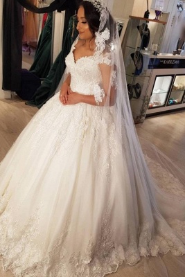 Modest Long Princess Off the Shoulder Wedding Dress with lace_1