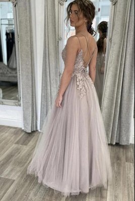 Elegant Spaghetti Straps Appliques Lace Tulle A-line Backless Prom Dress_2