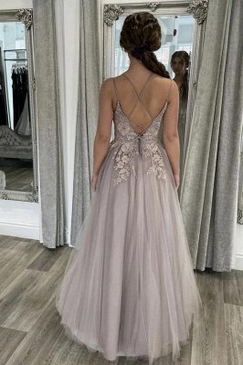 Elegant Spaghetti Straps Appliques Lace Tulle A-line Backless Prom Dress_3