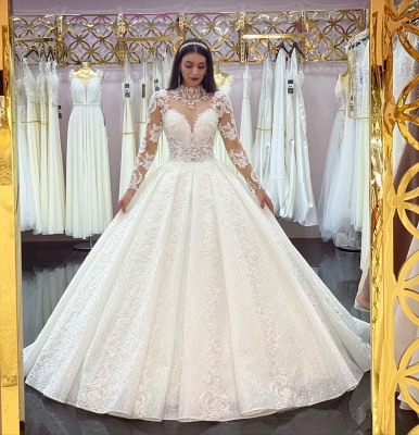 Princess Long Sleeves White Lace Appliques Ruffles Ball Gown Wedding Dresses_2