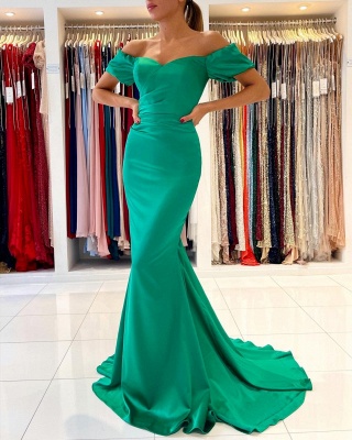 Stunning Off-the-Shoulder Floor-length Ruched Satin Mermaid Evening Gown_4