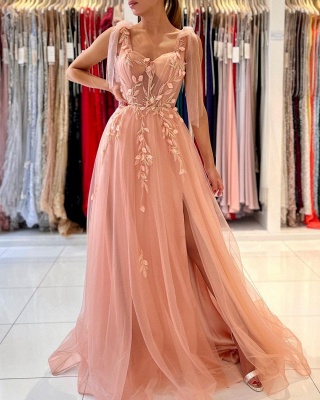Elegant Tulle Spaghetti Straps A-Line Sweetheart Floral Lace Side Split Party Gown_2