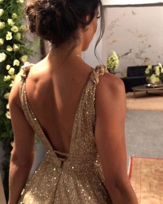 Brilliant Deep V-neck Spaghetti Straps Sequins Open Back A-Line Evening Prom Dress_4