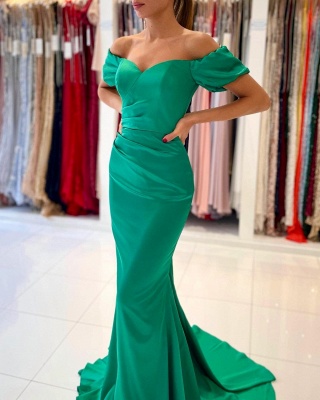 Stunning Off-the-Shoulder Floor-length Ruched Satin Mermaid Evening Gown_2