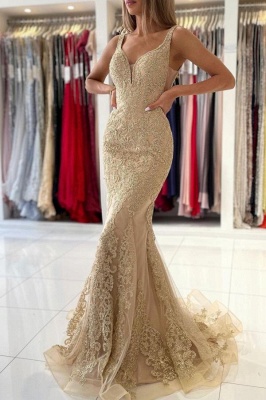 Stunning Deep V-neck Open Back Mermaid Prom Dress With Lace Appliques_1