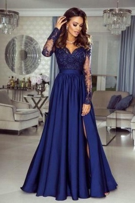 Elegant Satin Sweetheart Long Sleeves Appliques Lace A-line Prom Dress With Side Split_1