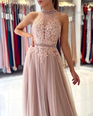 Elegant Halter Lace Appliques Beading Tulle A-line Evening Prom Dress With Sash_4