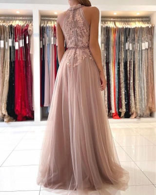 Elegant Halter Lace Appliques Beading Tulle A-line Evening Prom Dress With Sash_2