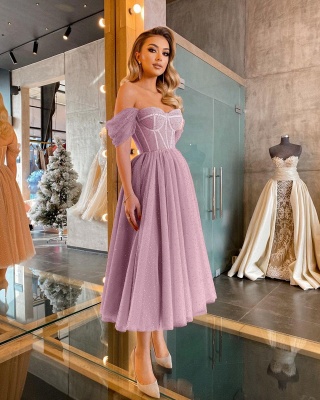 Sparkly Sequins Off-the-shoulder Sweetheart Tea-length Soft Tulle Prom Dress_8