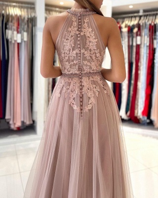 Elegant Halter Lace Appliques Beading Tulle A-line Evening Prom Dress With Sash_5