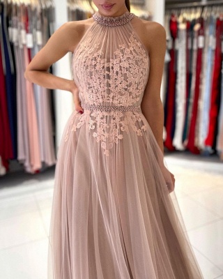 Elegant Halter Lace Appliques Beading Tulle A-line Evening Prom Dress With Sash_3