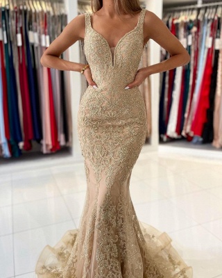 Stunning Deep V-neck Open Back Mermaid Prom Dress With Lace Appliques_3