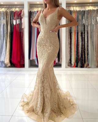 Stunning Deep V-neck Open Back Mermaid Prom Dress With Lace Appliques_2