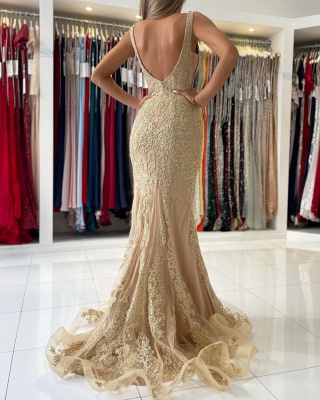 Stunning Deep V-neck Open Back Mermaid Prom Dress With Lace Appliques_5