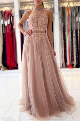 Elegant Halter Lace Appliques Beading Tulle A-line Evening Prom Dress With Sash_1