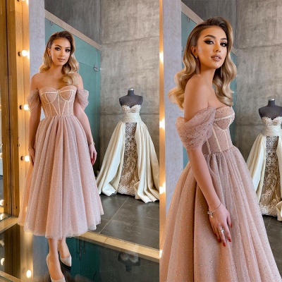 Sparkly Sequins Off-the-shoulder Sweetheart Tea-length Soft Tulle Prom Dress_3
