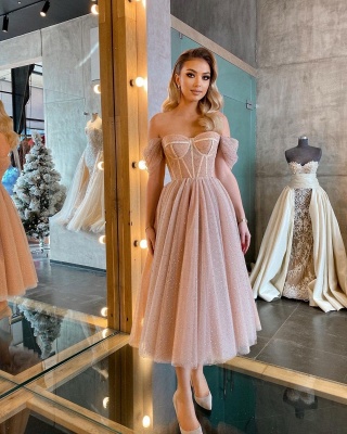 Sparkly Sequins Off-the-shoulder Sweetheart Tea-length Soft Tulle Prom Dress_5