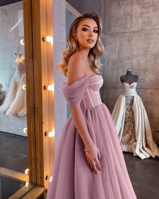 Sparkly Sequins Off-the-shoulder Sweetheart Tea-length Soft Tulle Prom Dress_7