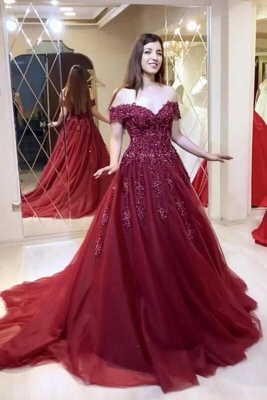 Stunning Off-the-shoulder Appliques Lace Sequins A-line Tulle Train Prom Dress_1