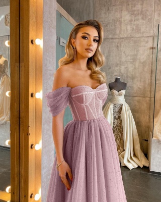 Sparkly Sequins Off-the-shoulder Sweetheart Tea-length Soft Tulle Prom Dress_8
