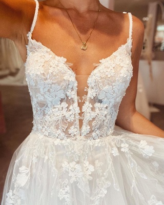 A-Line Sweetheart Spaghetti Straps Floral Lace Tulle Backless Wedding Dress_5