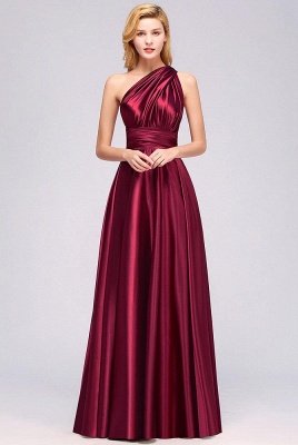 Elegant Long Burgundy Satin One Shoulder Bridesmaid Dresses_2