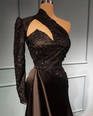 Vintage Black One Shoulder Long Sleeve Pearl Sequins Appliques Lace Mermaid Prom Dress_2