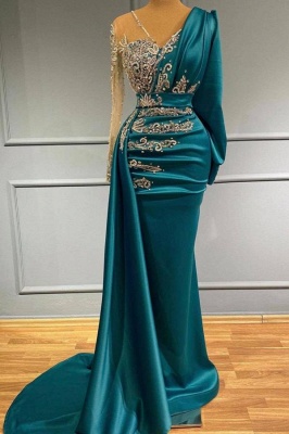 Elegant Long Sleeve V-neck Beading Floor-length Mermaid Prom Dress With Side Train_1