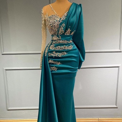 Elegant Long Sleeve V-neck Beading Floor-length Mermaid Prom Dress With Side Train_3