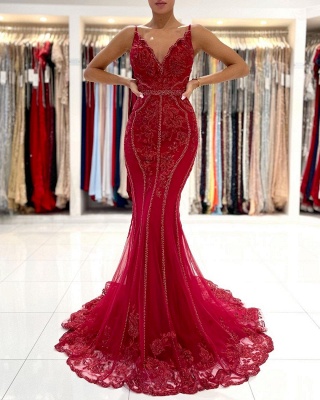 Charming V-Neck Mermaid Appliques Lace Tulle Beading Backless Prom Dress_3