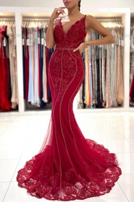 Charming V-Neck Mermaid Appliques Lace Tulle Beading Backless Prom Dress_1