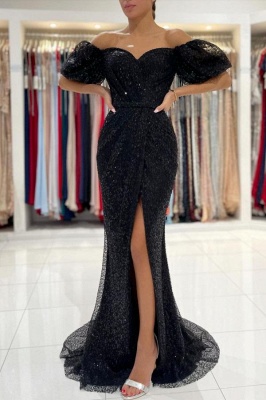 Sparkly Black Off-the-shoulder Puffy Sleeves Sequins Mermaid Prom Dress With Side Split_1