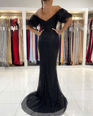 Sparkly Black Off-the-shoulder Puffy Sleeves Sequins Mermaid Prom Dress With Side Split_2