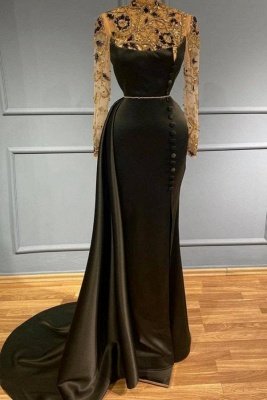 Black High Neck Long Sleeve Crystal Beading Appliques Mermaid Prom Dress With Split_1