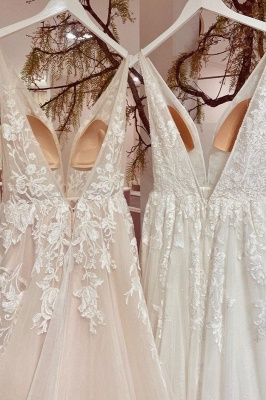 Elegant A-Line V-neck Wide Straps Backless Appliques Lace Tulle Wedding Dress_4