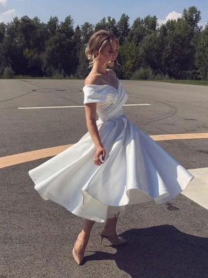 Elegant Off the Shoulder A-Line Tea-length Ruffles Satin Wedding Dress_2