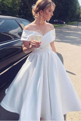 Elegant Off the Shoulder A-Line Tea-length Ruffles Satin Wedding Dress_1