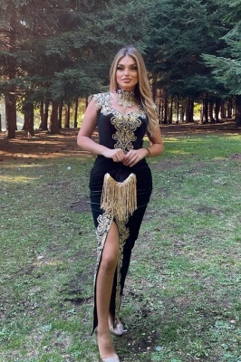 Gorgeous Velvet Gold Appliques Lace Formal Prom Dress With Side Slit Detachable Train_3