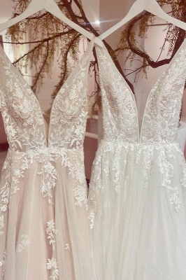 Elegant A-Line V-neck Wide Straps Backless Appliques Lace Tulle Wedding Dress_3