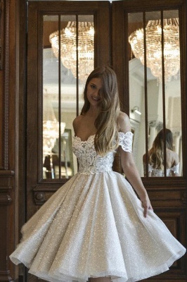 Classy Off the Shoulder Lace Sequins A-Line Tea-length Ruffles Wedding Dress_1