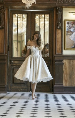 Classy Off the Shoulder Lace Sequins A-Line Tea-length Ruffles Wedding Dress_2