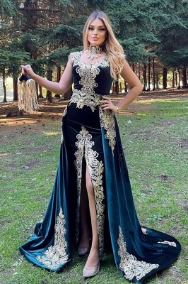 Gorgeous Velvet Gold Appliques Lace Formal Prom Dress With Side Slit Detachable Train_1