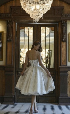 Classy Off the Shoulder Lace Sequins A-Line Tea-length Ruffles Wedding Dress_4
