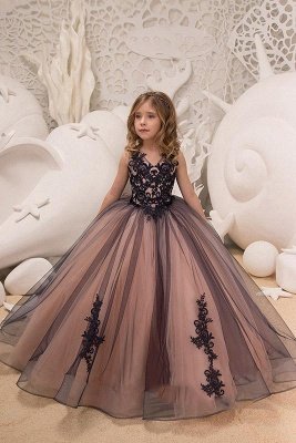 Lovely Long Ball Gown V-neck Tulle Appliques Lace Flower Girl Dress_2