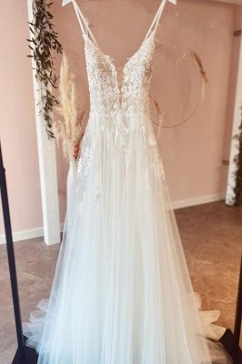 Pretty Spaghetti Straps Sweetheart A-Line Tulle Appliques Lace Ruffles Wedding Dress_2