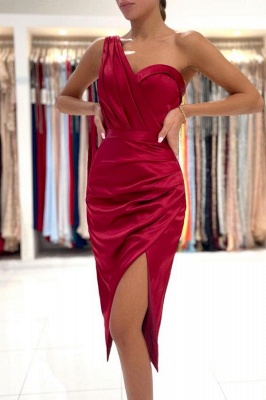 Sexy Burgundy Satin One Shoulder Ruffles Backless Short Prom Dress With Front Slit_1