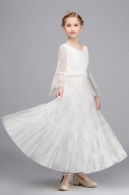 A-line V-neck Long Sleeve Appliques Lace Full Length Flower Girl Dress_6