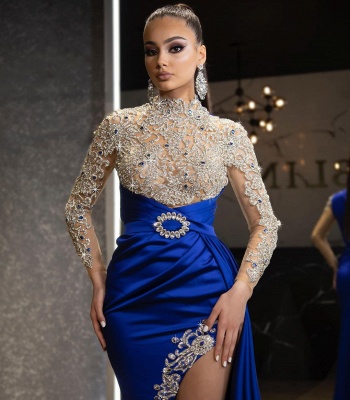 Luxury Royal Blue High Neck Crystal Appliques Satin Mermaid Long Sleeves Split Prom Dress_2