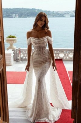 Long Mermaid Off The Shoulder Sequins Wedding Dress With Detachable Sweep Train_1